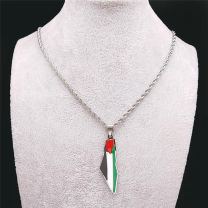 Palestine Map Pendant Necklace, Stainless Steel Chain, Multicolor，Peace Pendant - color: Silvery-1.5in