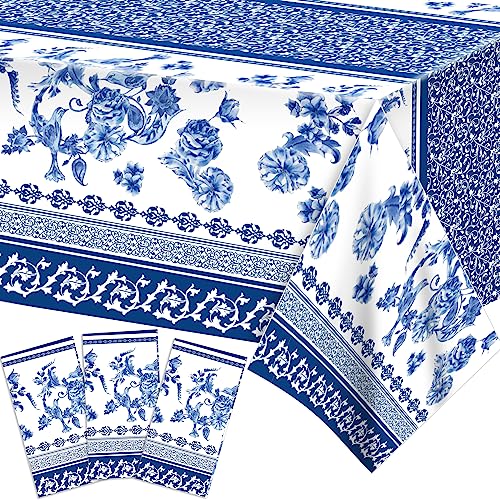 1 Pack Blue and White Porcelain Plastic Tablecloth, 54 x 87 Inch Long Rectangular Reusable Table Cover for Buffet, Chinese Style Birthday Party Holiday Dinner Picnic Wedding Kitchen Event Use - color: Blue and White Porcelain