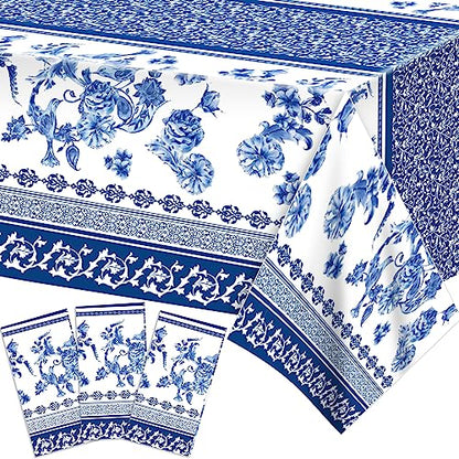 1 Pack Blue and White Porcelain Plastic Tablecloth, 54 x 87 Inch Long Rectangular Reusable Table Cover for Buffet, Chinese Style Birthday Party Holiday Dinner Picnic Wedding Kitchen Event Use - color: Blue and White Porcelain