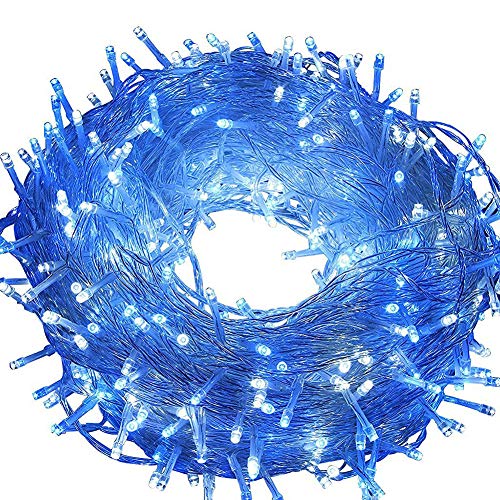 Fairy Lights Outdoor String Lights 33ft 100 LED with Memory Modes Controller, Extendable Christmas Lights Decorations for Wedding, Ramadan, Christmas, Valentine, Party, Patio, Indoor Outdoor (Blue) - color: Blue Brightness (Transparent Wire)