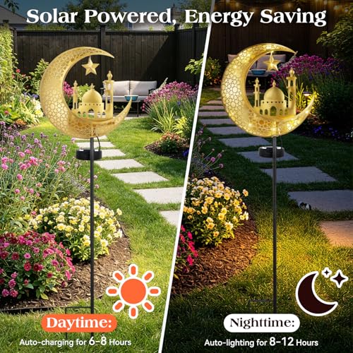 Lewondr 2Pcs Ramadan Solar Lights, Ramadan Decorations Outdoor, Metal Yard Signs LED Eid Decorations Mubarak Star Moon Castle, Waterproof Solar Garden Stakes Lights for Walkway Lawn Patio - style: Moon and Castle