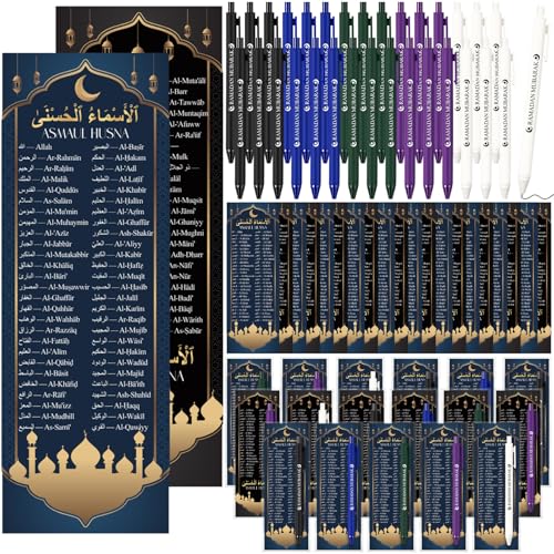 Resurhang 50 Sets Ramadan Gift Bulk Includes 99 Name of Allah Bookmarks Ramadan Mubarak Ballpoint Pens, Islamic Arabic Quran Gifts for Muslim Men Women, Eid Mubarak Party Favors