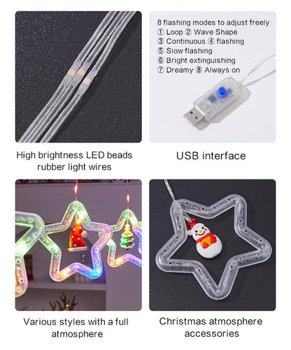 100L Christmas Star Curtain Lights with Decorative Ornaments - 10 Star Hanging Loop Lights, 0.4/0.6m Height, 2m Power Cord, Perfect for Christmas Decoration, Suitable for Everyone