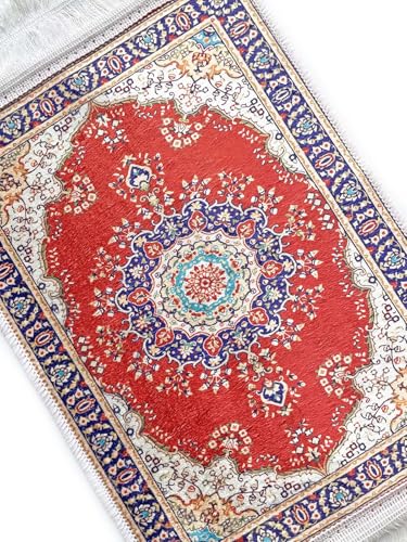 Foldable Muslim Small Prayer Mat for Head Portable Classic Pattern Islamic Small Prayer Rug Salah Carpet Mat with Tassel - color: Red