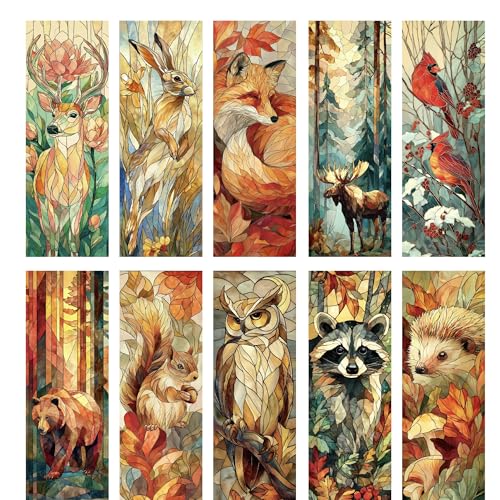 Cute Animals Bookmark Gifts - 10pcs Fantasy Stained Glass Bookmarks - style: Woodland Animals