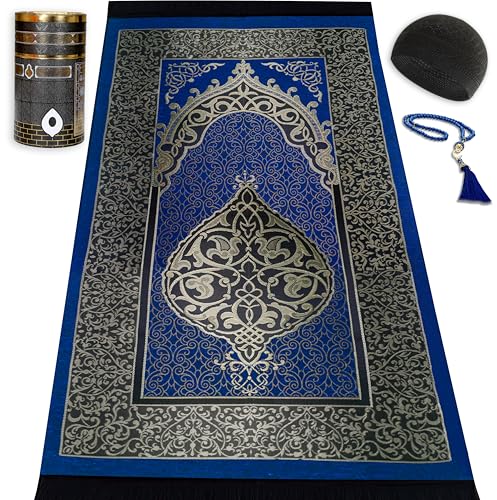 Muslim Prayer Rug Islam and Beads, Kaabe Design Box Eid Ramadan Gifts Islamic Set Carnal Salah Mat Taffeta Fabric Black Soft Prayer Mats Men and Women (Blue) - color: Blue