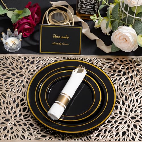 175PCS Black Gold Plastic Dinnerware Set for 25 Guests, Fancy Disposable Plates for Party, Include: 25 Dinner Plates, 25 Dessert Plates, 25 Pre Rolled Napkins with Gold Silverware, 25 Cups - color: Black and Gold