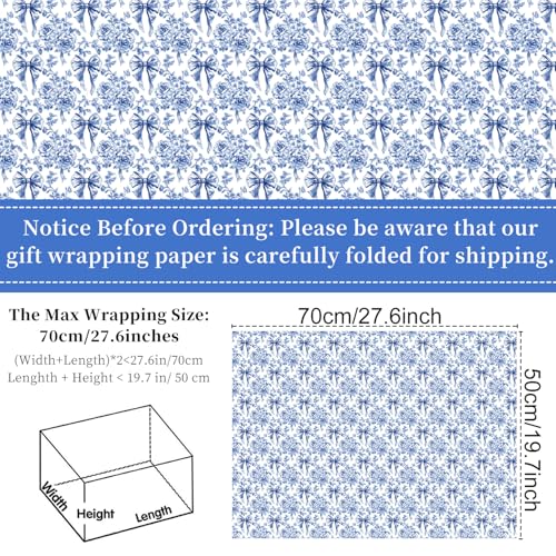 Keluna Blue Bow Flower Wrapping Paper - 12 Pcs Chinoiserie Light Blue Wrapping Paper for Baby Shower Girls Birthday Wedding Bridal Shower Gift Wrap Supplies - color: Chinoiserie flower