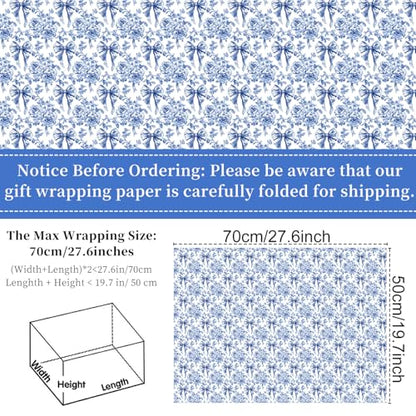 Keluna Blue Bow Flower Wrapping Paper - 12 Pcs Chinoiserie Light Blue Wrapping Paper for Baby Shower Girls Birthday Wedding Bridal Shower Gift Wrap Supplies - color: Chinoiserie flower