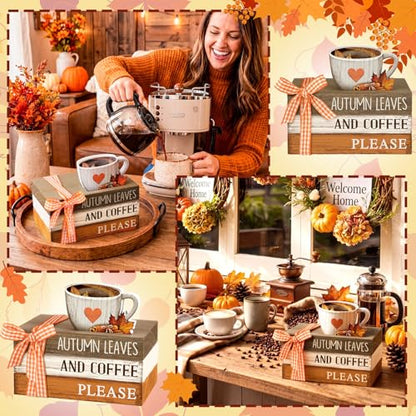 4 Pcs Fall Tiered Tray Decor Rustic Decorative Mini Wooden Faux Book Stack Autumn Maple Leaf Coffee Decorations Thanksgiving Harvest Farmhouse Table Centerpiece for Home Shelf Tabletop Office Kitchen - style: Fall