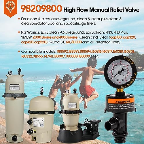98209800 High Flow Manual Relief Valve/Air Relief Manual Valve Assembly with Pressure Gauge, Replacement for Pool and Spa Filter (1 PACK-98209800) - style: 1 PACK-98209800