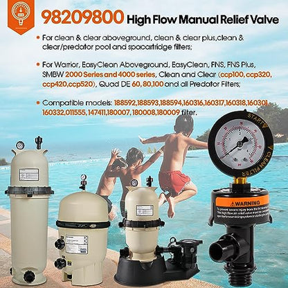 98209800 High Flow Manual Relief Valve/Air Relief Manual Valve Assembly with Pressure Gauge, Replacement for Pool and Spa Filter (1 PACK-98209800) - style: 1 PACK-98209800