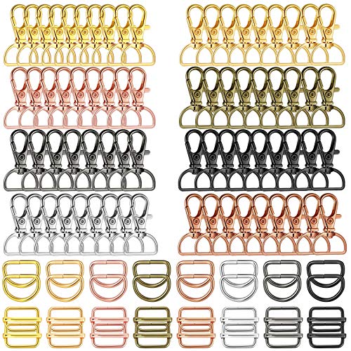 Hotop 96 Pieces D Rings with Swivel Clasps and Slide Buckles Set Lanyard Snap Hooks Keychain Clip Hooks D Ring Clip Lobster Claw Clasps for Purse Handbag Hardware Sewing DIY Craft Dog Collars, 8 Color