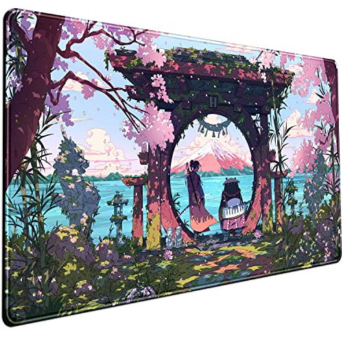 Pink Japan Desk Pad Anime Gaming Green Mouse Pad Large Mouse Pad For Desk Computer Pc Laptop Office Decor For Women, Anime Mouse Keyboard Pad Stitched Edges Non-Slip Rubber Mat Desk Pad (31.5x15.7 In) - color: Sakura Warrior