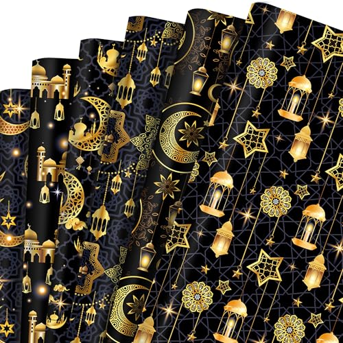 WGOCAUK 12 Sheets Eid Mubarak Wrapping Paper, 20x27in Moon Star Words Lantern Patterns Gift Wrap Paper Ramadan Kareem Wrapping Paper for Mubarak Party Gift Wrapping Supplies (Black) - color: Black