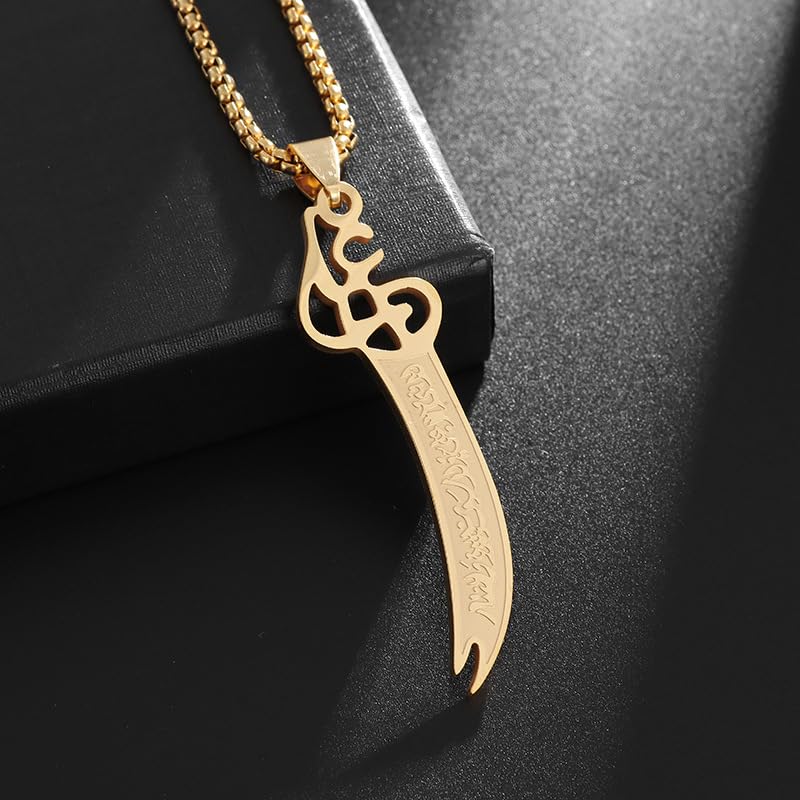 MALOYANVE Zulfiqar Sword Necklace for Men Women Imam Ali Dhul-Fiqar Sword Pendant Stainless Steel Islamic Muslim Arabic Calligraphy Necklace Talisman Amulet Religious Jewelry Gift - color: Gold