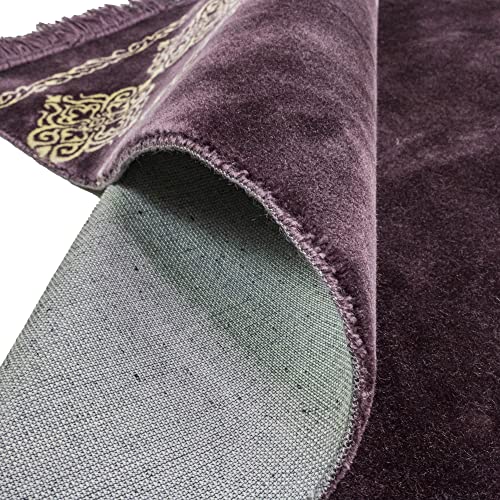 Modefa Turkish Islamic Prayer Rug - Large & Wide Soft Velvet Janamaz - Comfortable Muslim Praying Mat for Men & Women - Ramadan or Eid Gift - with Prayer Beads Tesbih - Grand Plush (Purple) - color: Purple
