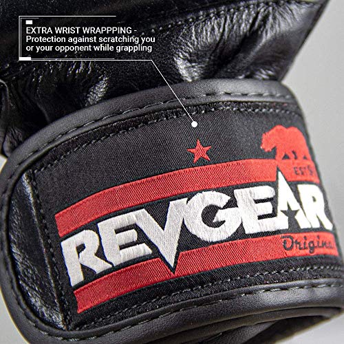 Revgear Pro Series Deluxe Leather MMA Glove | Gel Sparring Gloves | Double Padding | Extra Wrist Protection (Black, Small)