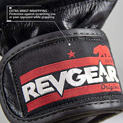Revgear Pro Series Deluxe Leather MMA Glove | Gel Sparring Gloves | Double Padding | Extra Wrist Protection (Black, Small)