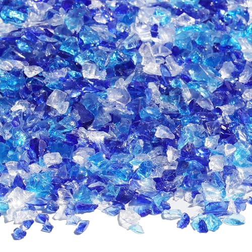 QYGL Crushed Glass for Resin Art, DIY Crafts, 0.9LB Blue Mixed 3-6mm | Broken Glass Pieces for Vase Fillers, Tabletop Fire Pit, and Aquarium Rocks and Home Decor - color: Cobalt Blue, Aquamarine, White