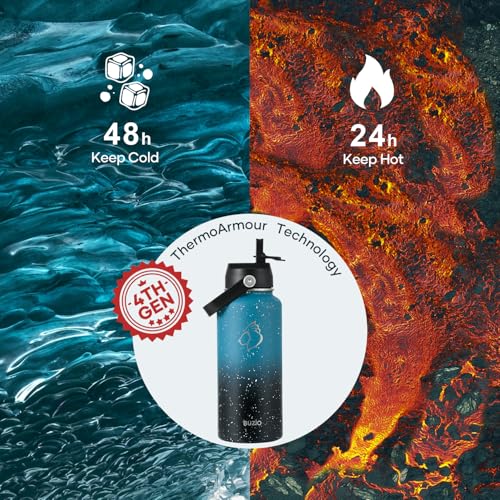 BUZIO 32 oz Water Bottle Insulated, Leakproof Stainless Steel Flask (Cold for 48 Hrs), Wide Mouth BPA-Free Metal Thermo Hydro Canteen with 2 Lids, Dappled Navy Black - color: Dappled Navy Black, size: 32 Ounces