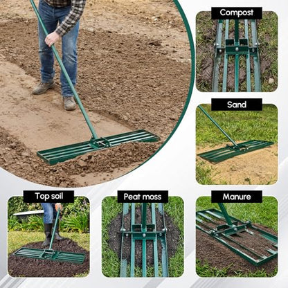 Gisafai Lawn Leveling Rake 30"x10" Heavy Duty Carbon Steel, 72" Adjustable Long Handle, Leveler Tool for Yard Garden Golf Course Soil Dirt Ground Surface Leveling