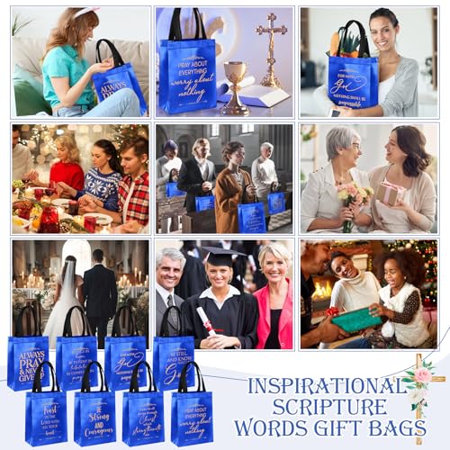 Aliceset 64 Pcs Christian Gift Bags Bulk with Handles for Church Favors Reusable Medium Bible Verse Religious Gift Bags Non Woven Welcome Totes for Baptism Vacation Bible School Gifts (Blue) - color: Blue