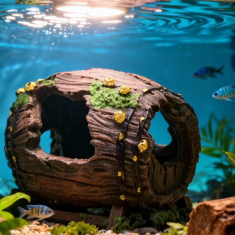 Aquarium Barrel Decoration, Fish Tank Landscape, Fish and Shrimp Hiding cave, Aquarium Accessories, 5.11 x 3.54 x 3.14 inches