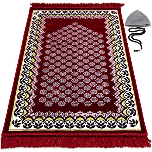 Modefa Turkish Islamic Prayer Rug - Thin & Lightweight Velvet Praying Carpet - Soft Muslim Praying Mat Janamaz - Ramadan or Eid Gift for Men & Women - with Car Hanger - Vined Arch (Daisy Red) - color: Daisy Red