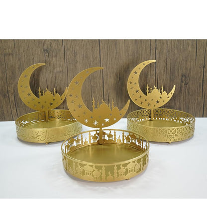 Ramadan Tray Eid Mubarak Metal Serving Tray Lunar Crescent Eid Mubarak Dishes Tray Plate Ramadan Eid Serving Tray Fruit Tray Tableware Dessert Platters Storage Container Display Holder