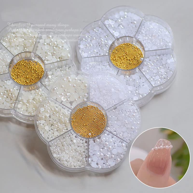 Nail Art Flatback Pearls Charms - White Half Round Crafts Beads With Gold Caviar Ball - Luxurious Design Jewelry Accessories - color: White Pearl With Metal Beads