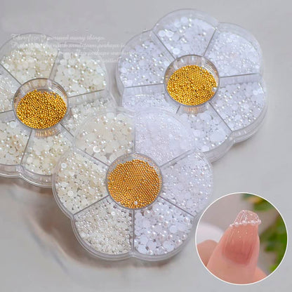 Nail Art Flatback Pearls Charms - White Half Round Crafts Beads With Gold Caviar Ball - Luxurious Design Jewelry Accessories - color: White Pearl With Metal Beads