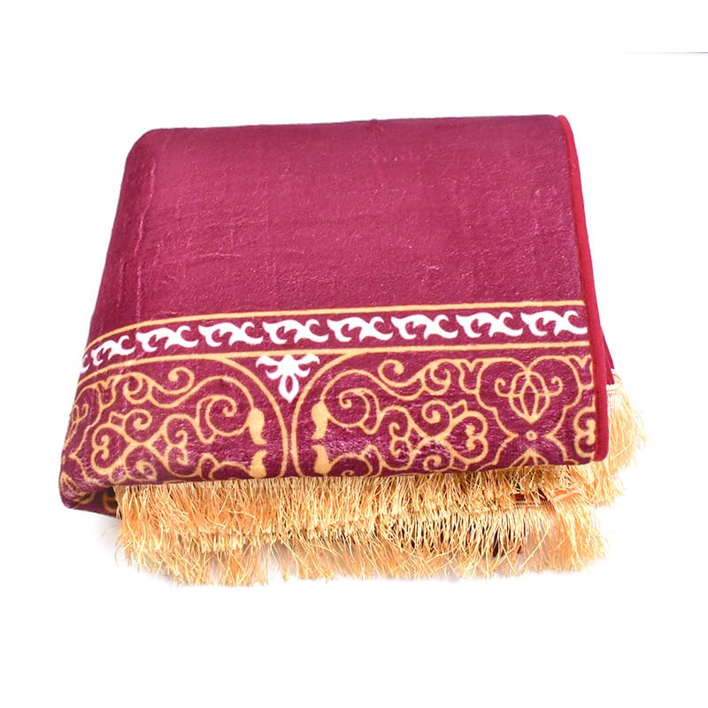 Premium Comfortable Muslim Prayer Rug - Soft Velvet with Traditional Kaaba Cover Design Theme, Thick Padding for Comfort, Extra Wide Layout, Non-Crumbling & Non-Slip Base (Burgundy). - color: Burgundy