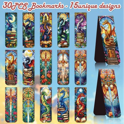 Dragon Sword Bookmark Magnetic Gifts - Wxiben 30 Pcs Stained Glass Window Dragon Bookmarks Magnets Fantastic Book Marks Page Marker Clip Gift for Women Men Students Teacher Reading Bookish - style: Dragon Sword
