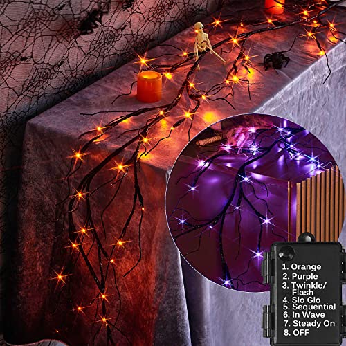 LITBLOOM Lighted Black Glittered Garland with 48 Orange and Purple Bi-Color Lights, Halloween Garland with Lights 8 Functions 6FT Battery Operated for Home Party Halloween Decoration Indoor Outdoor - style: Black Glitter