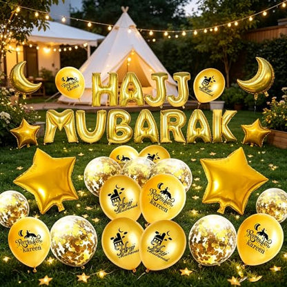 이드 무바라크 파티 장식용 HAJJ MUBARAK 풍선 28개 | HAJJ MUBARAK 장식 풍선, 이드 무바라크 파티 용품 장식