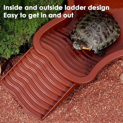Extra Large Reptile Bathing Pool Reptile Feeding Dish Water Bowl with Ramp Aquarium Ornament for Gecko, Snake, Turtle, Bearded Dragon, Lizard Bath (Brown Red) - color: Brown Red