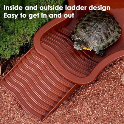 Extra Large Reptile Bathing Pool Reptile Feeding Dish Water Bowl with Ramp Aquarium Ornament for Gecko, Snake, Turtle, Bearded Dragon, Lizard Bath (Brown Red) - color: Brown Red