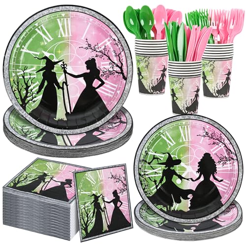 168 Pcs Pink and Green Witch Party Decorations Tableware Set Include Pink Plates Green Plates Napkins Cups Knives Fork Spoon for Magical Themed Serve 24 (Witch) - color: Witch