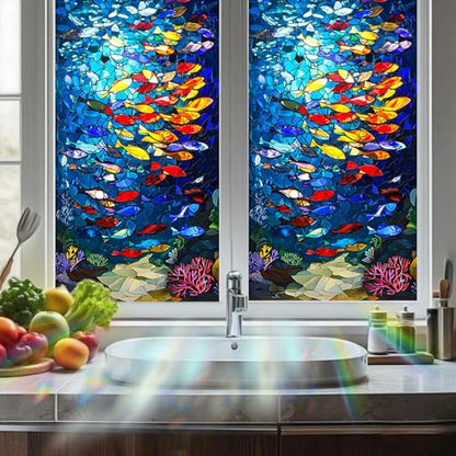 Nuxovilar Frosted Fish School Pattern Window Glass Film 17.7x39.4 in PVC | Fish School, Marine Decal colorful sea sticker, glass window cling for bathroom kitchen sliding door (Fish School)