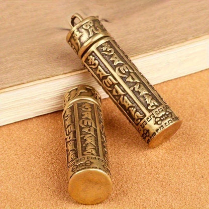 Mantra Prayer Cylinder Pendant Brass Hollow Screw Top Engraved Scripture Amulet Keychain Portable For Daily Carry Travel Home