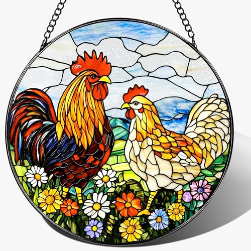 Stained Glass Window Hanging, Stained Glass Suncatcher, 8" Chickens in Flowers Garden Suncatchers for Windows Hanging, Sun Catchers Indoor Window | Gifts for Farm Lovers, Gifts for Chicken Lovers - color: Chickens