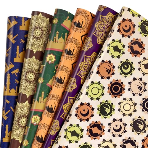 RUSPEPA Eid Wrapping Paper Sheets, Crescent Moon Mosque & Geometric Mandala Design, Religious Holiday Gift Wrap for Islam Ramadan, Eid al-Fitr, Muslim Celebrations, 6 Folded Sheets, 19.68 X 27.5 Inch - color: Eid al-Fitr