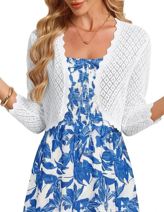 GRACE KARIN Womens Bolero Shrug 3/4 Sleeve Crochet Cropped Cardigan Open Front Knit Shrugs for Dresses - color: Bright White, size: X-Large
