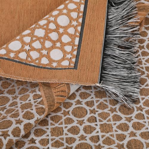 Islamic Prayer Rug Elegant Masjid Pattern Thin Mat Muslim Portable Blanket with Beads Ramadan Eid Gift Rug Turkish Prayer Carpet - color: Setc Khaki
