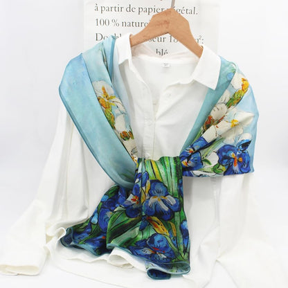 ANDANTINO 100% Silk Long Scarf-Women Large Oblong Shawls with Gift Packed - color: Oil Painting-irises