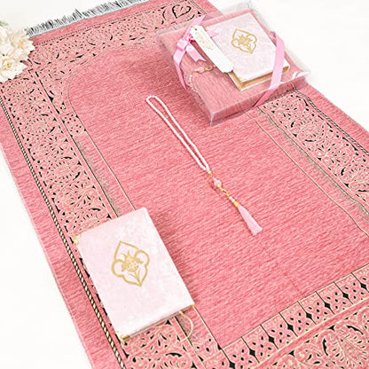 IEF Personalized Prayer Rug Quran Prayer Beads Islamic Gift Set, Ramadan Eid Wedding Birthday Mother's Day Father's Day Anniversary Day Gifts - color: Pink
