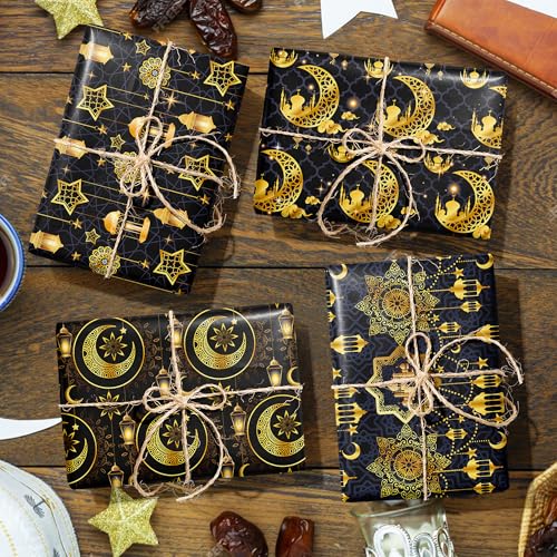 WGOCAUK 12 Sheets Eid Mubarak Wrapping Paper, 20x27in Moon Star Words Lantern Patterns Gift Wrap Paper Ramadan Kareem Wrapping Paper for Mubarak Party Gift Wrapping Supplies (Black) - color: Black