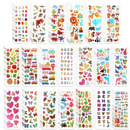 60 Sheets Puffy 3D Stickers for Kids & Toddlers, Variety Adhesive Sticker | Includes Animals Letters Numbers Fruits Dinosaur for Journal Water Bottle Scrapbooking Kids Classroom DIY Craft - style: Basic Style 3