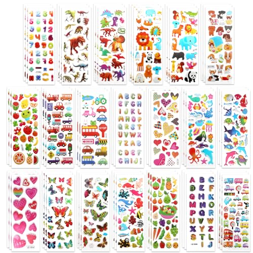 60 Sheets Puffy 3D Stickers for Kids & Toddlers, Variety Adhesive Sticker | Includes Animals Letters Numbers Fruits Dinosaur for Journal Water Bottle Scrapbooking Kids Classroom DIY Craft - style: Basic Style 3